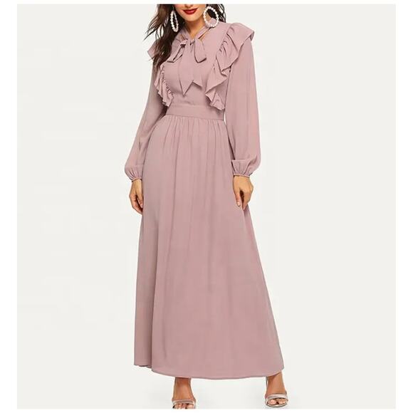 SHEIN Dresses & Skirts - SHEIN Tie Neck Fit & Flare Ruffle Trim Long Sleeve Maxi Dress Rustic Pink Size M